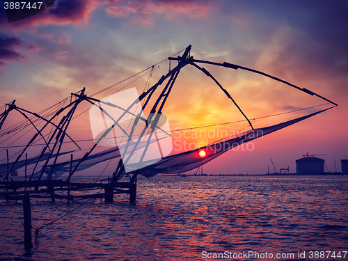 Image of Chinese fishnets on sunset. Kochi, Kerala, India