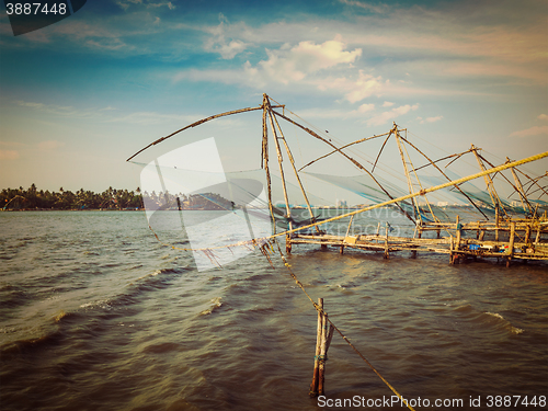 Image of Chinese fishnets on sunset. Kochi, Kerala, India