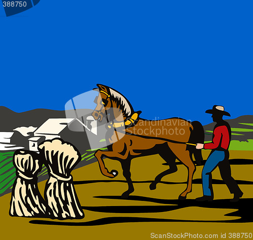 Image of Farmer with horse and farmhouse in background