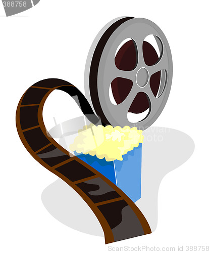 Image of Movie film reel with popcorn