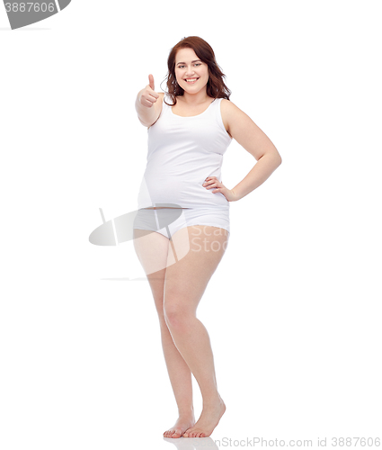 Image of plus size woman in underwear showing thumbs up