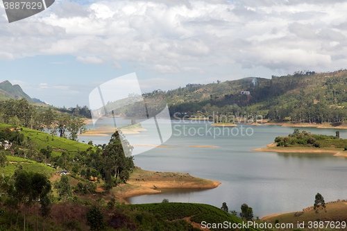 Image of view to lake or river from land hills on Sri Lanka