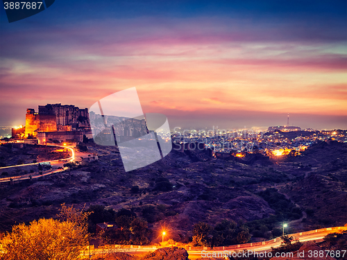 Image of Mehrangarh fort in twilight. Jodhpur, India