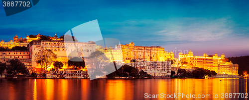 Image of Udaipur City Palace in the evening panoramic view. Udaipur, Indi