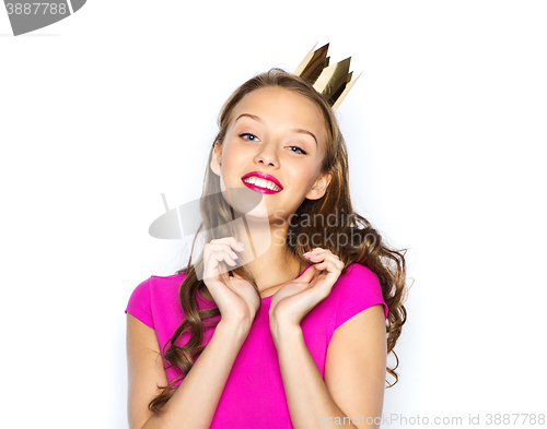 Image of happy young woman or teen girl in pink dress