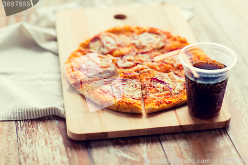 Image of close up of pizza with coca cola on table