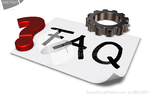 Image of the word faq on paper sheet and gear wheel - 3d rendering