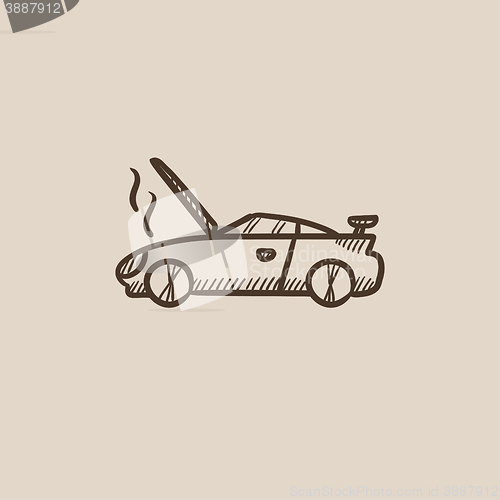 Image of Broken car with open hood sketch icon.