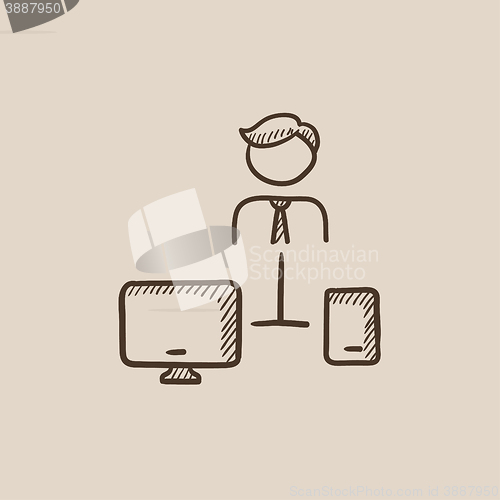 Image of Man linked with computer and phone sketch icon.