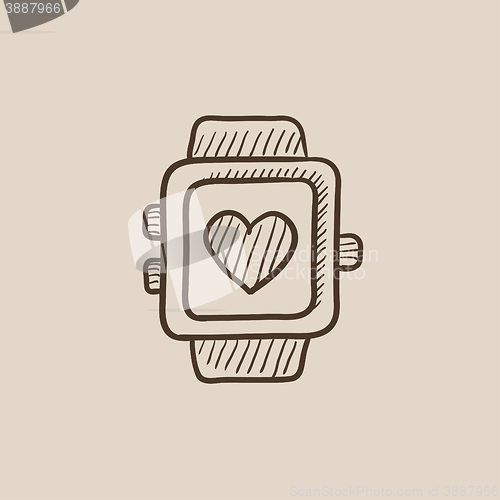 Image of Smartwatch with heart sign sketch icon.