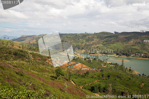 Image of view to lake or river from land hills on Sri Lanka