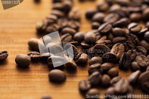 Image of close up coffee beans on wooden table