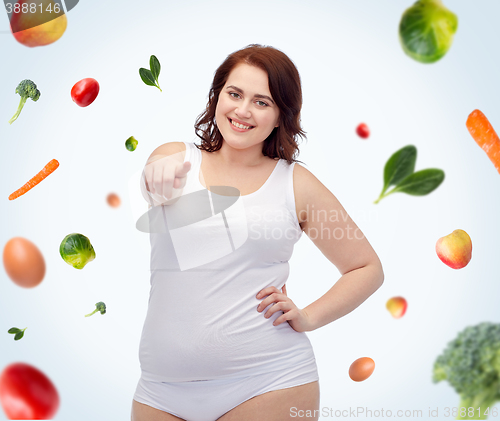 Image of plus size woman in underwear pointing on you