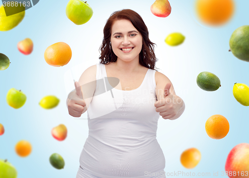 Image of plus size woman in underwear showing thumbs up