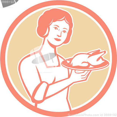 Image of Housewife Serving Chicken Roast Circle Retro