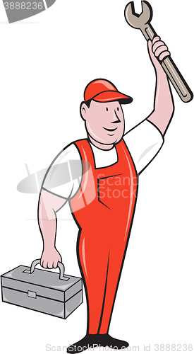 Image of Mechanic Raising Wrench Holding Toolbox Cartoon