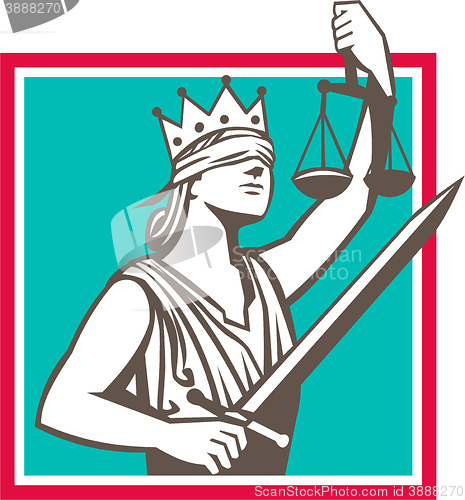 Image of Lady Justice Raising Scales Sword Square Retro