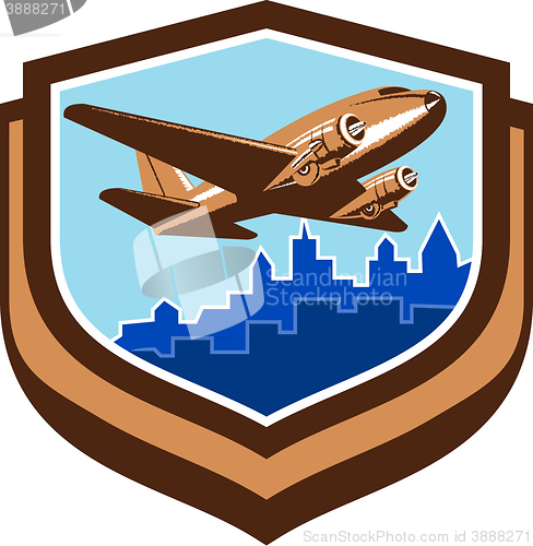 Image of Vintage Airplane Take Off Cityscape Shield Retro