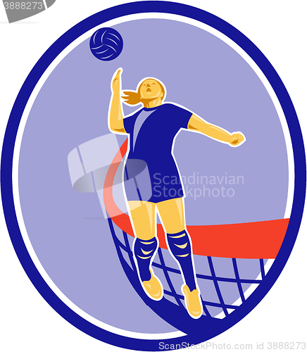 Image of Volleyball Player Spiking Ball Oval Retro