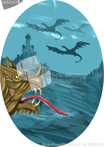 Image of Dragon Head Castle Oval Watercolor