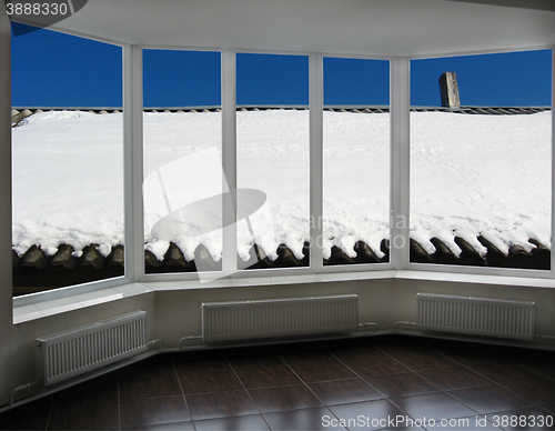 Image of windows overlooking the snow-covered rural roof