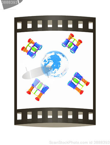 Image of binoculars around earth. The film strip