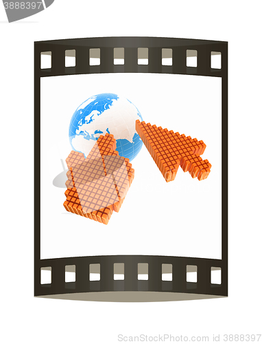 Image of Link selection computer mouse cursor and Earth - Glodal internet concept on white background. The film strip