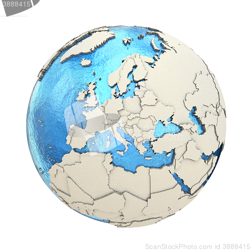 Image of Europe on model of planet Earth