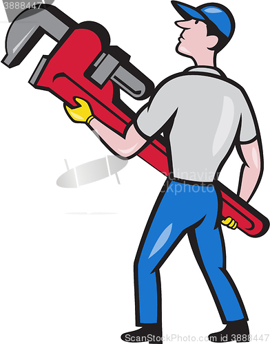 Image of Plumber Carry Monkey Wrench Walking Cartoon