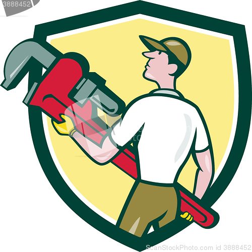 Image of Plumber Carry Monkey Wrench Walking Crest Cartoon