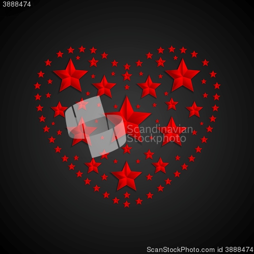 Image of Heart symbol made of red stars on black background