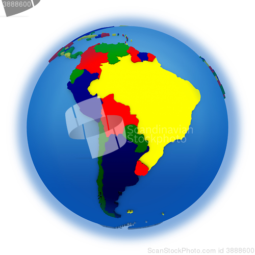 Image of South America on political model of Earth
