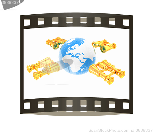 Image of binoculars around earth. The film strip