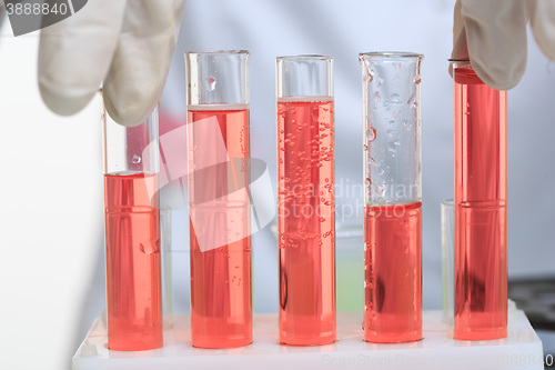 Image of hands holding test tubes with chemical elements. 