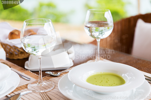 Image of close up of soup and water glasses at restaurant