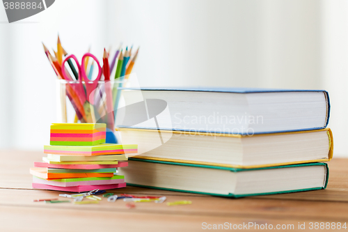 Image of close up of pens, books, clips and stickers