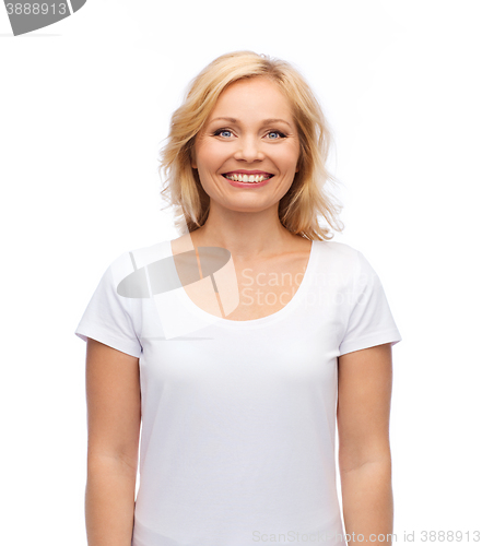 Image of smiling woman in blank white t-shirt