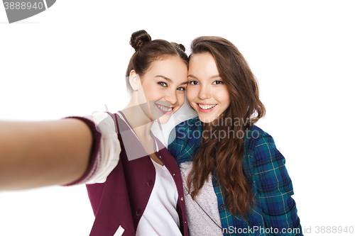 Image of happy smiling pretty teenage girls taking selfie