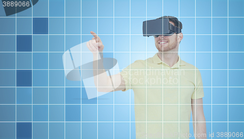 Image of happy man in virtual reality headset or 3d glasses