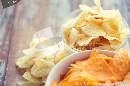 Image of close up of potato crisps and corn nachos on table