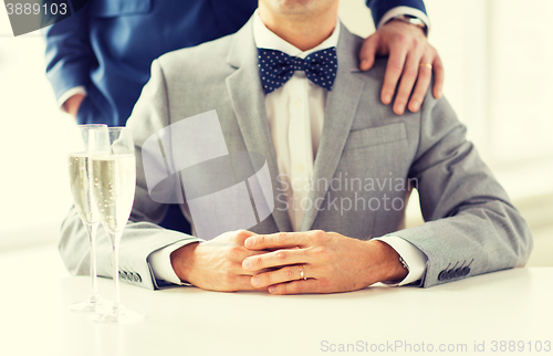 Image of close up of male gay couple with champagne glasses