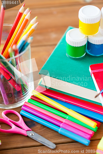 Image of close up of stationery or school supplies on table