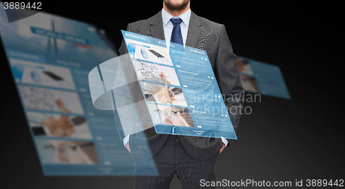 Image of close up of businessman with world news projection