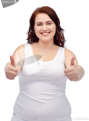 Image of plus size woman in underwear showing thumbs up