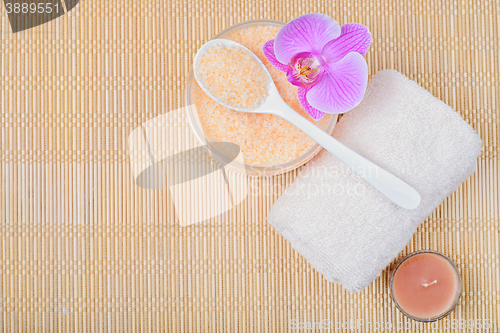 Image of Kit body care, accessories for Spa on a bamboo mat
