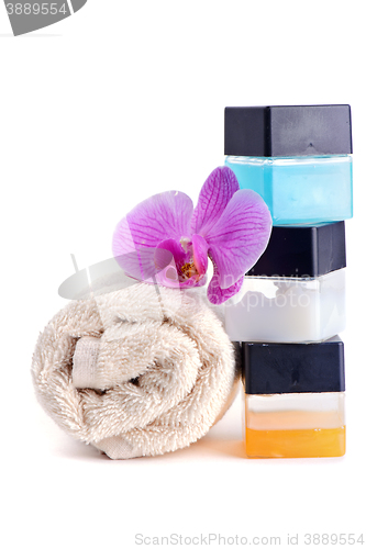 Image of Stack of spa accessories with flower 