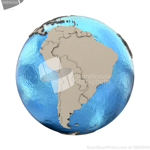 Image of South America on model of planet Earth