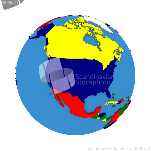 Image of North America on political model of Earth