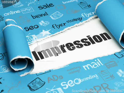 Image of Advertising concept: black text Impression under the piece of  torn paper