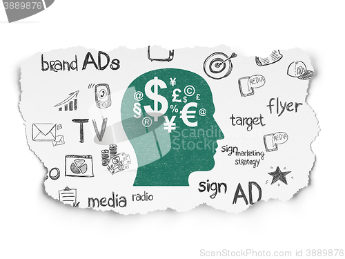 Image of Marketing concept: Head With Finance Symbol on Torn Paper background